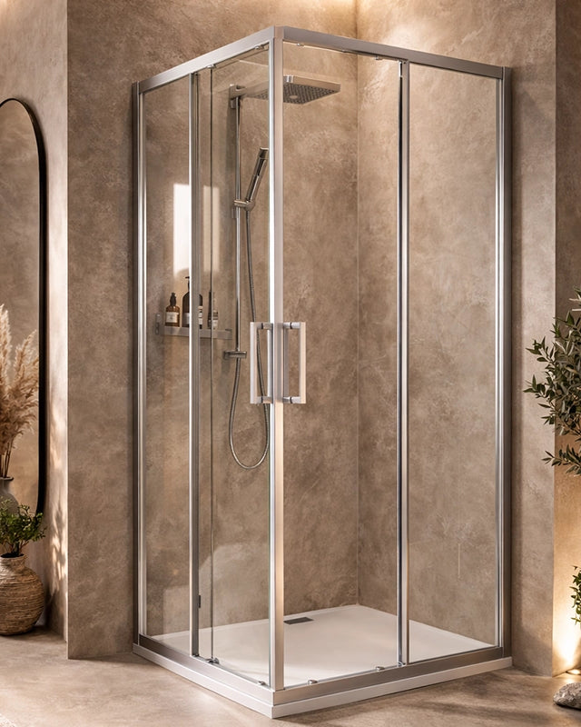 Box doccia 70x100 Marsiglia due ante scorrevoli reversibile in cristallo e lucido installato in bagno moderno con ante in...