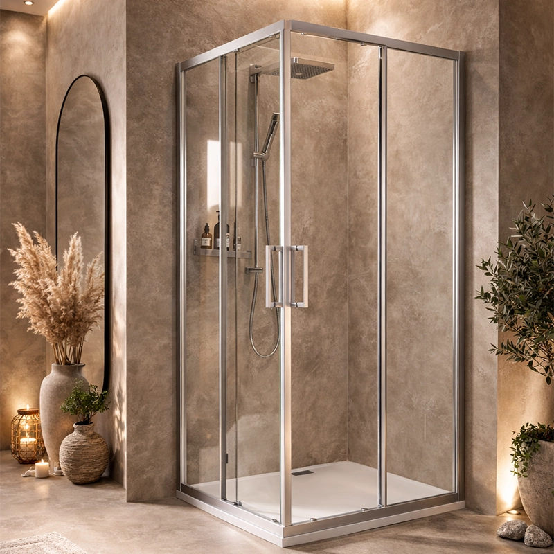 Box doccia 70x70 Marsiglia 2 ante scorrevoli reversibile Cromo Lucido in alluminio installato in bagno moderno con ante...