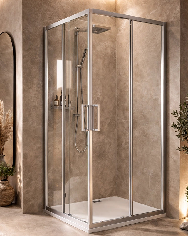Box doccia 70x70 Marsiglia 2 ante scorrevoli reversibile Cromo Lucido in alluminio installato in bagno moderno con ante...