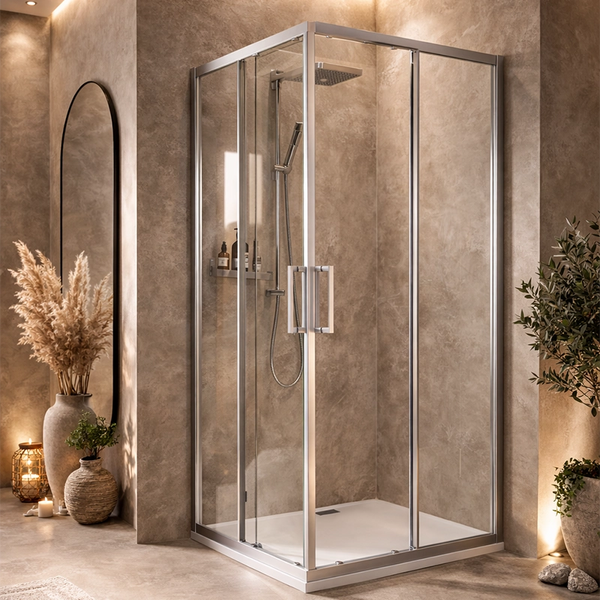 Box doccia 70x70 Marsiglia 2 ante scorrevoli reversibile Cromo Lucido in alluminio installato in bagno moderno con ante...