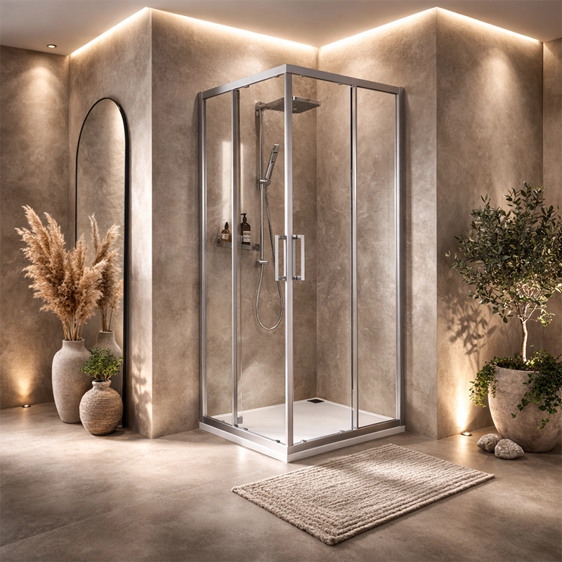 Box doccia 70x70 Marsiglia 2 ante scorrevoli reversibile Cromo Lucido installato in bagno moderno con ante in vetro...