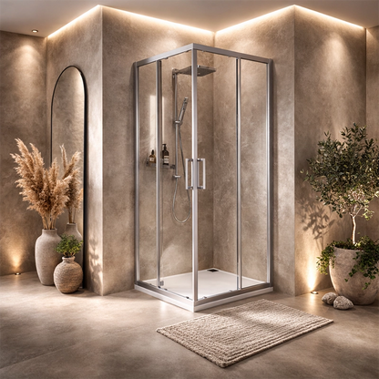 Box doccia 70x70 Marsiglia 2 ante scorrevoli reversibile Cromo Lucido installato in bagno moderno con ante in vetro...