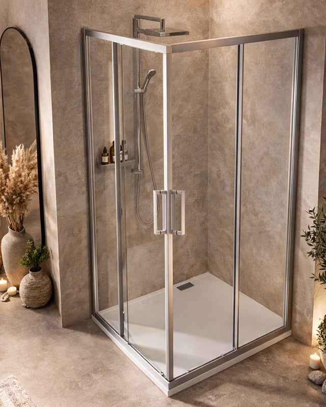 Box doccia 70x70 Marsiglia 2 ante scorrevoli reversibile Cromo Lucido in bagno completo, vista d'insieme dell'ambiente...