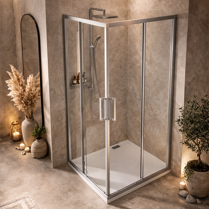 Box doccia 70x70 Marsiglia 2 ante scorrevoli reversibile Cromo Lucido in bagno completo, vista d'insieme dell'ambiente...