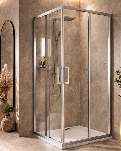 Box doccia 70x90 Marsiglia 2 ante scorrevoli reversibile H in cristallo e lucido installato in bagno moderno con ante in...