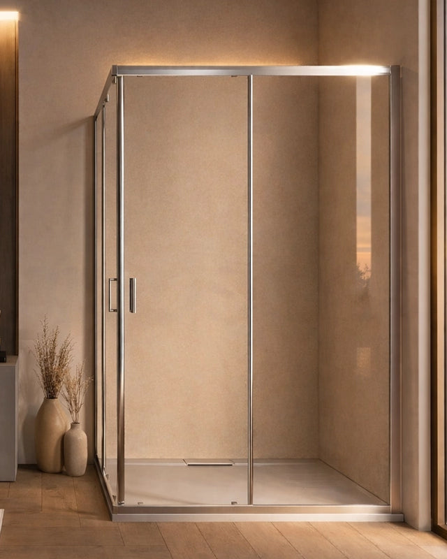 Box doccia 80x120 Nuvola due scorrevoli reversibile Cromato in bagno completo, vista d'insieme dell'ambiente - Exagonshop