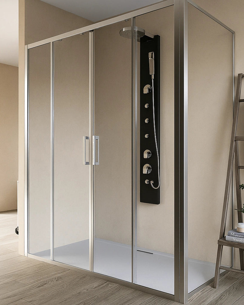 Box doccia 80x180 Marsiglia doppio scorrevole reversibile H in naturale installato in bagno moderno con ante in vetro...