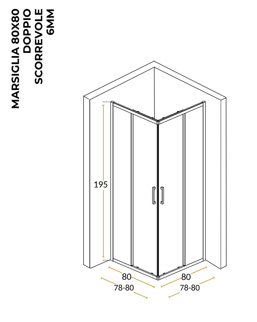 Box doccia 80x80 Marsiglia 2 ante scorrevoli reversibile trasparente H 195 cromo