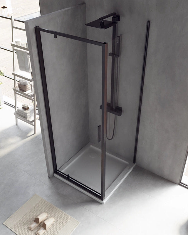 Box doccia 80x80 Rio a pivot vetro 6 mm trasparente H 195, dettaglio dei profili e delle cerniere in alluminio - Exagonshop