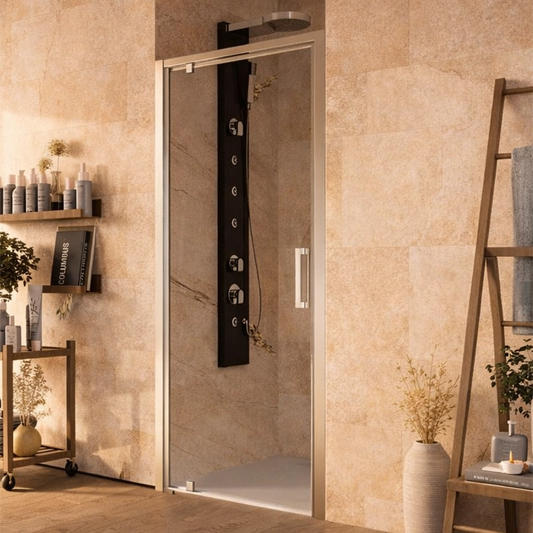 Box doccia 90 cm nicchia Marsiglia un battente reversibile in alluminio e lucido installato in bagno moderno con ante in...