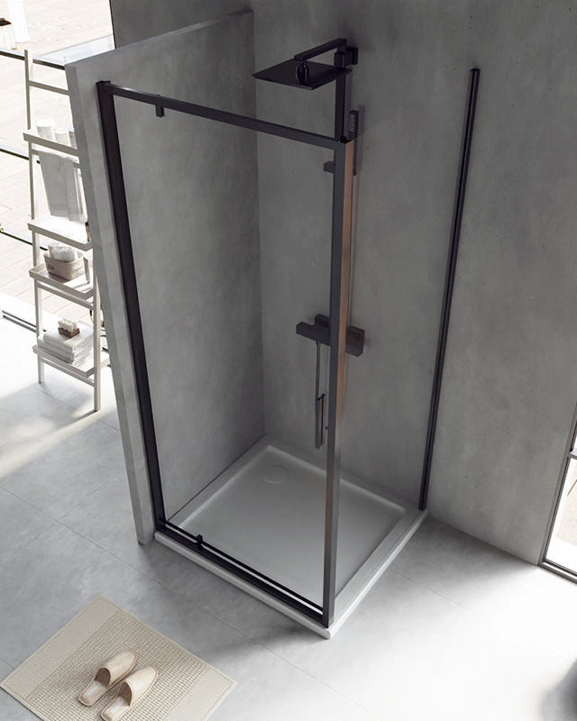Box doccia 90x70 Rio a pivot vetro 6 mm trasparente H 195, dettaglio dei profili e delle cerniere in alluminio - Exagonshop