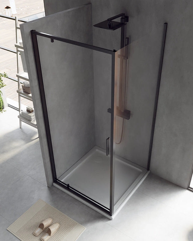 Box doccia 90x80 Rio a pivot vetro 6 mm trasparente H 195, dettaglio dei profili e delle cerniere in alluminio - Exagonshop