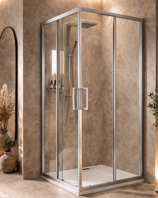 Box doccia 90x90 Marsiglia due scorrevoli reversibile Cromo Lucido in alluminio installato in bagno moderno con ante in...