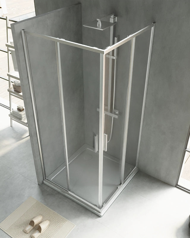 Box doccia 90x90 Rio doppio scorrevole vetro 6 mm, dettaglio dei profili e delle cerniere in alluminio - Exagonshop