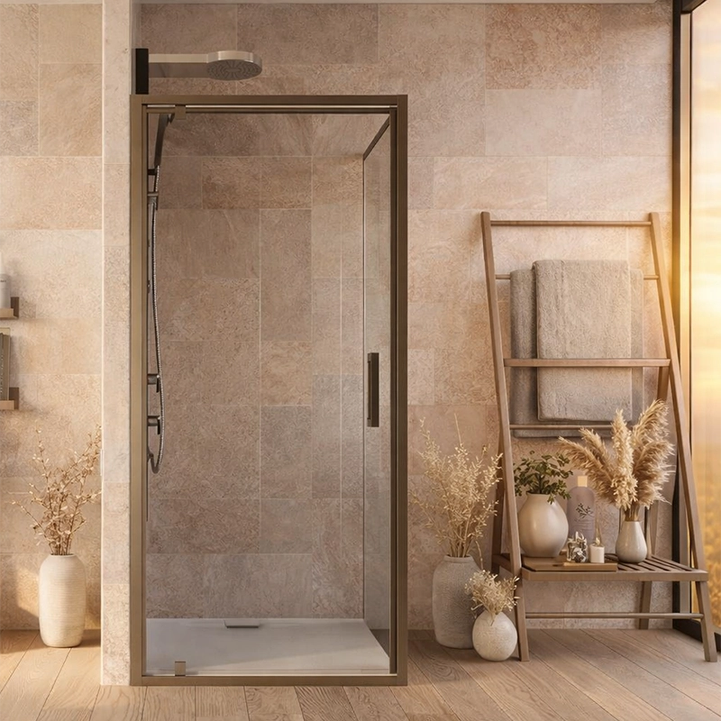 Box doccia 90x80 Marsiglia anta battente reversibile in alluminio e lucido installato in bagno moderno con ante in vetro...