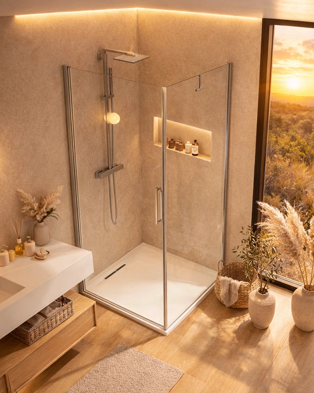 Box doccia 90x100 battente vetro temperato 6 mm 195 H cromo Cromo Lucido in bagno completo, vista d'insieme dell'ambiente...