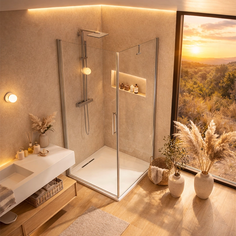 Box doccia 100x100 battente vetro temperato 6 mm 195 H Cromo Lucido in bagno completo, vista d'insieme dell'ambiente...
