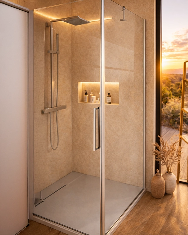 Box doccia 100x70 a battente vetro temperato 6 mm 195 H Cromo Lucido in bagno completo, vista d'insieme dell'ambiente...