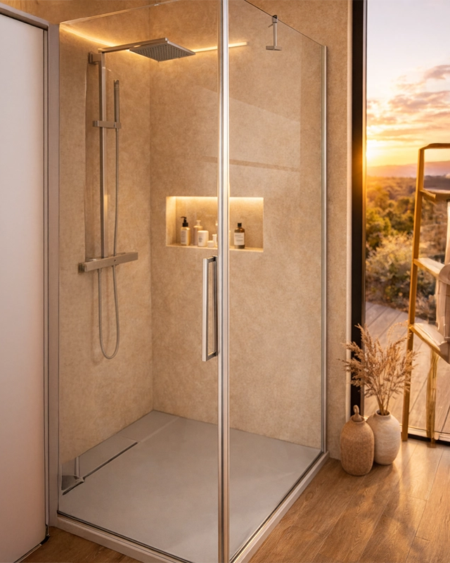Box doccia 100x120 a battente vetro temperato 6 mm 195 H Cromo Lucido in bagno completo, vista d'insieme dell'ambiente...