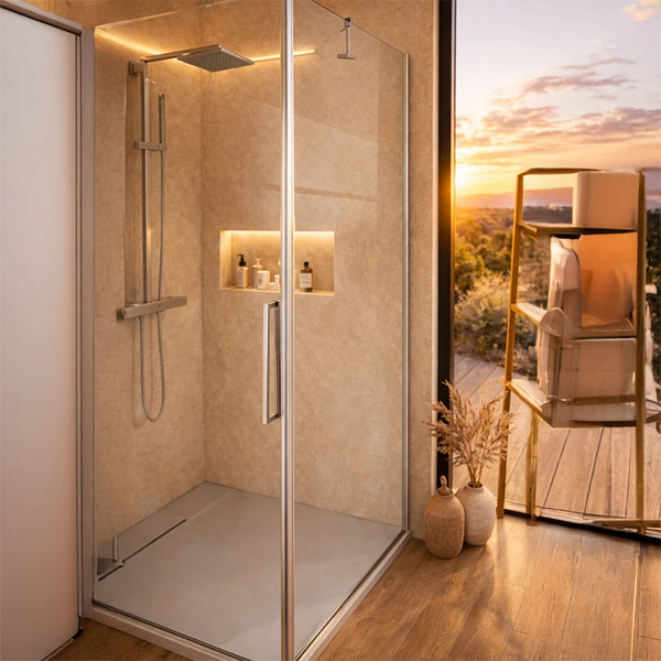 Box doccia 90x80 battente vetro temperato 6 mm 195 H cromo Cromo Lucido installato in bagno moderno con ante in vetro...