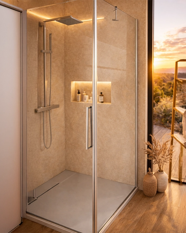 Box doccia 80x100 battente vetro temperato 6 mm 195 H cromo Cromo Lucido installato in bagno moderno con ante in vetro...