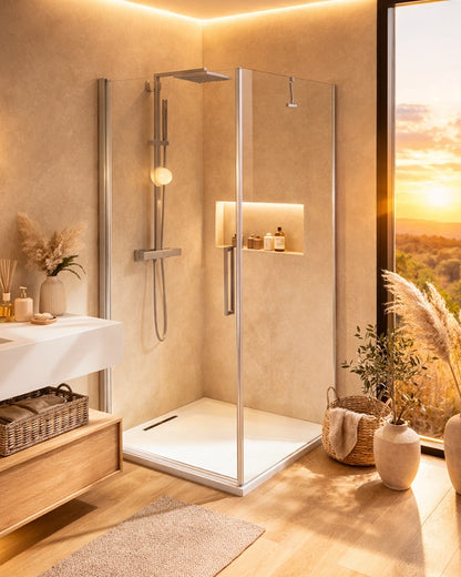 Box doccia 80x100 battente vetro temperato 6 mm 195 H cromo Cromo Lucido in naturale installato in bagno moderno con ante...