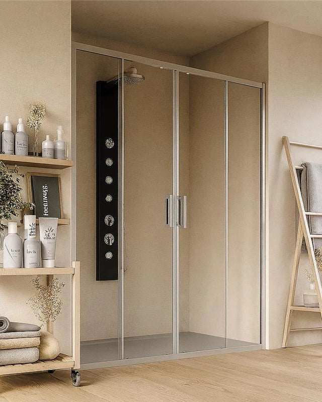 Box doccia 140 nicchia Marsiglia due ante scorrevoli installato in bagno moderno con ante in vetro temperato - Exagonshop