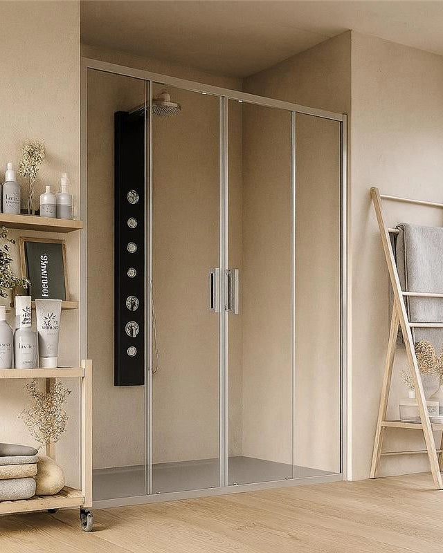 Box doccia 160 nicchia Marsiglia 2 ante scorrevoli in naturale installato in bagno moderno con ante in vetro temperato...