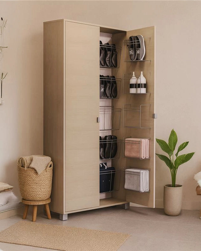 Capri scarpiera 84x30 con mensole e griglia portascarpe H ambientato in spazio living con arredi coordinati - Exagonshop