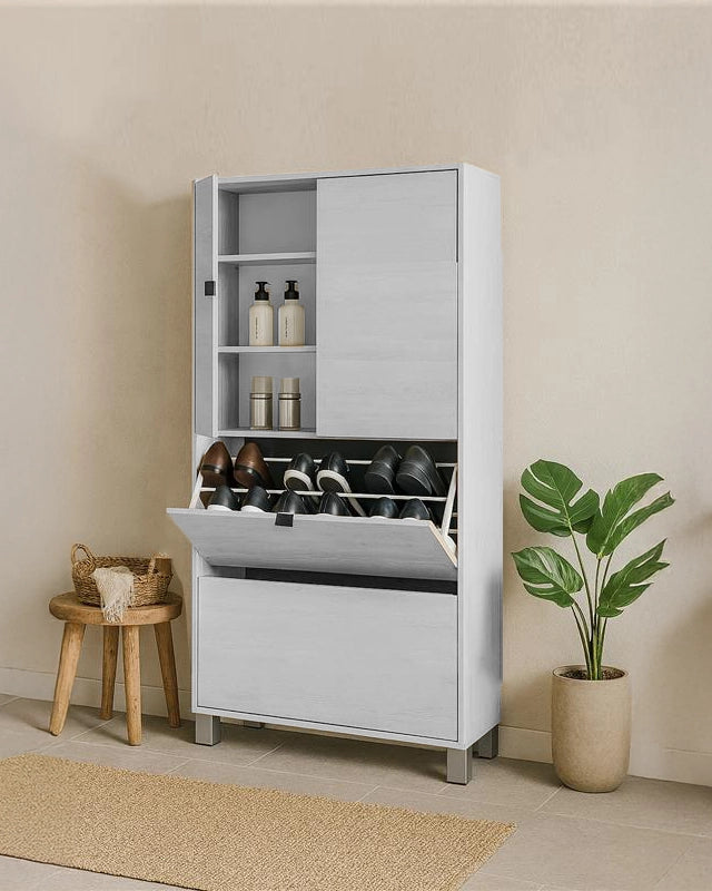 Capri scarpiera doppia 76x30 con ante e ribalte H 155 olmo in naturale ambientato in spazio living con arredi coordinati...