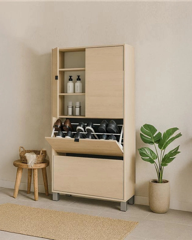 Capri scarpiera doppia 76x30 con ante e ribalte H 155 olmo in naturale ambientato in spazio living con arredi coordinati...