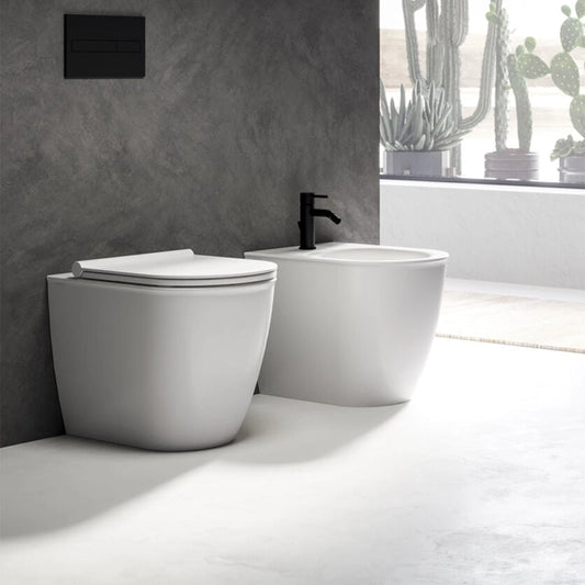 Ceramica Dolomite Coppia sanitari filomuro con sedile in opaco ambientato su piano bagno con accessori
