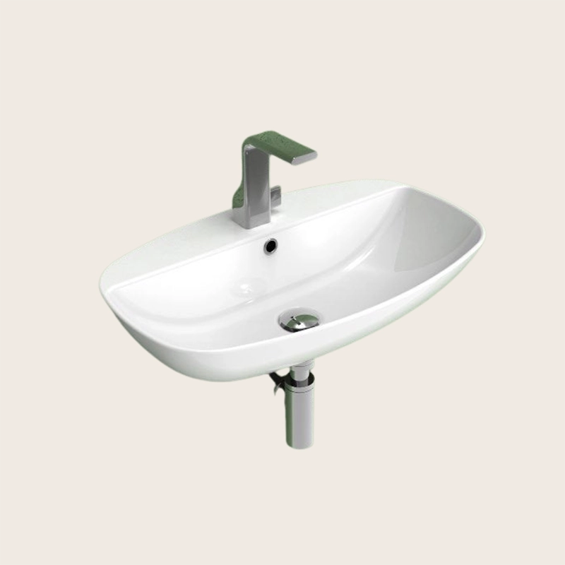 Ceramica Flaminia Nudaslim Lavabo 60 cm da appoggio o 00 Bianco ambientato su piano bagno con accessori