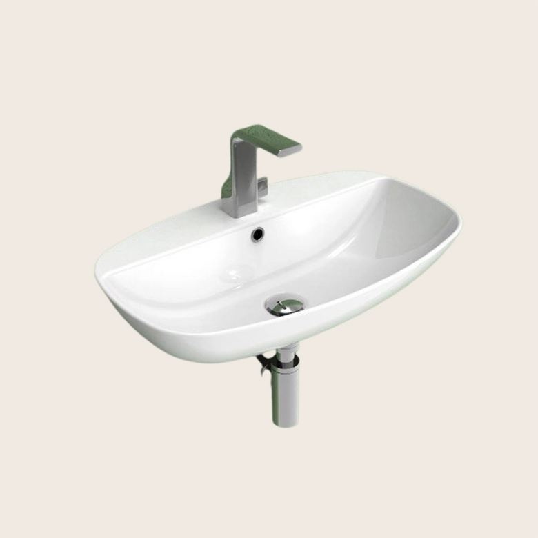 Ceramica Flaminia Nudaslim Lavabo 60 cm da appoggio o 00 Bianco ambientato su piano bagno con accessori
