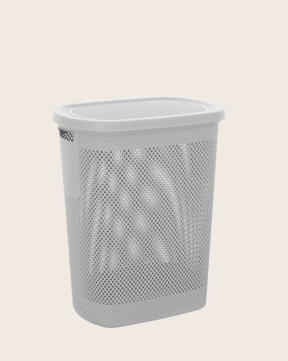 Cesto portabiancheria in plastica bianco, dettaglio ravvicinato del materiale e dell'aggancio - Exagonshop