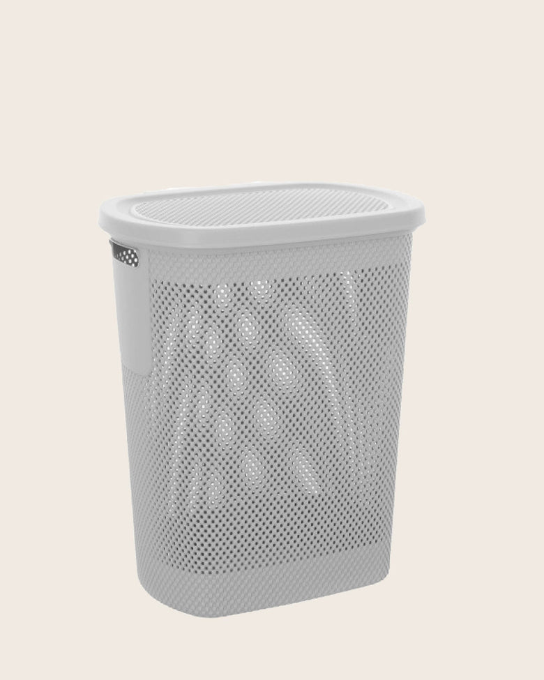 Cesto portabiancheria in plastica bianco, dettaglio ravvicinato del materiale e dell'aggancio - Exagonshop