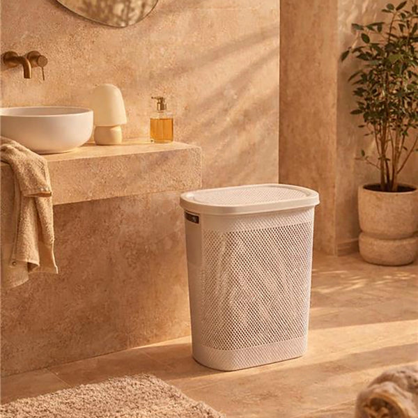 Cesto portabiancheria in plastica bianco montato a parete, vista del design e della finitura - Exagonshop