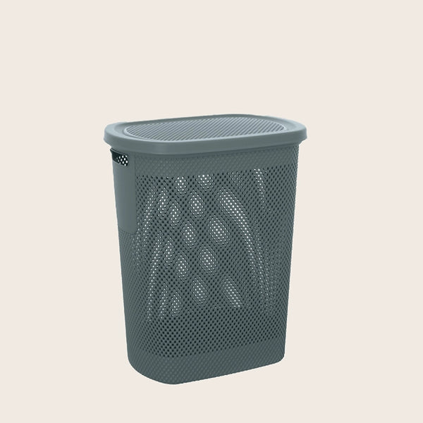 Cesto portabiancheria in plastica blu montato a parete, vista del design e della finitura - Exagonshop