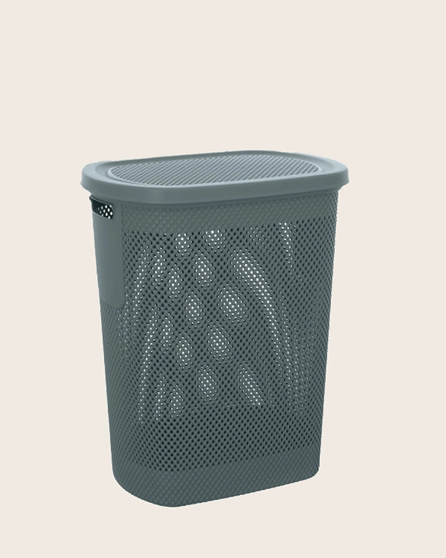 Cesto portabiancheria in plastica blu montato a parete, vista del design e della finitura - Exagonshop