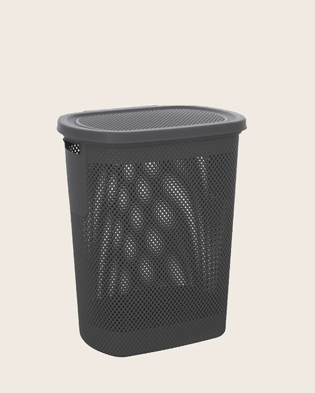 Cesto portabiancheria in plastica grigio, dettaglio ravvicinato del materiale e dell'aggancio - Exagonshop