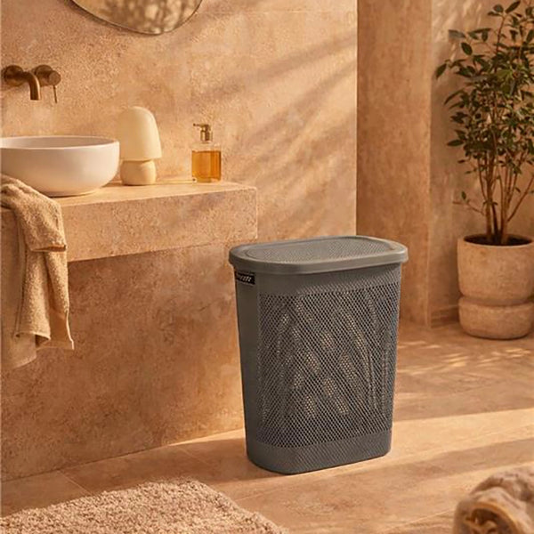 Cesto portabiancheria in plastica grigio montato a parete, vista del design e della finitura - Exagonshop