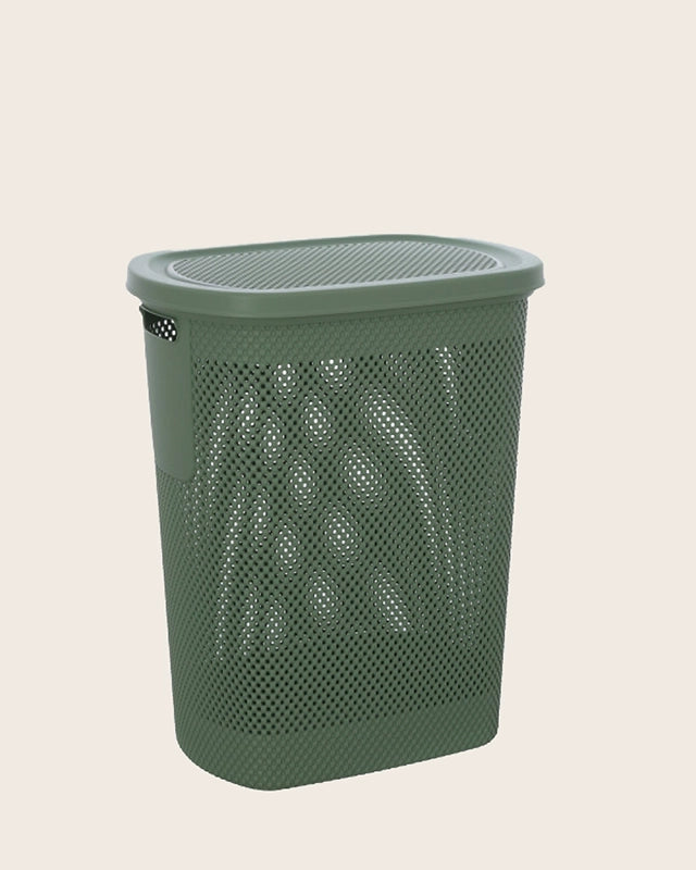 Cesto portabiancheria in plastica verde, dettaglio ravvicinato del materiale e dell'aggancio - Exagonshop