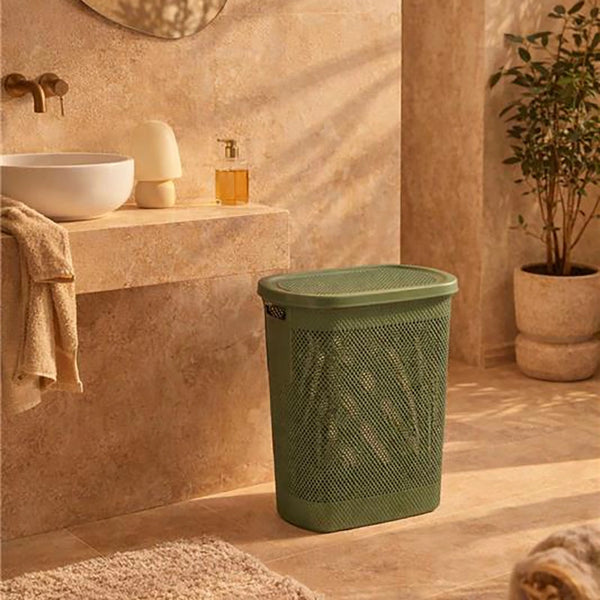 Cesto portabiancheria in plastica verde in naturale montato a parete, vista del design e della finitura - Exagonshop