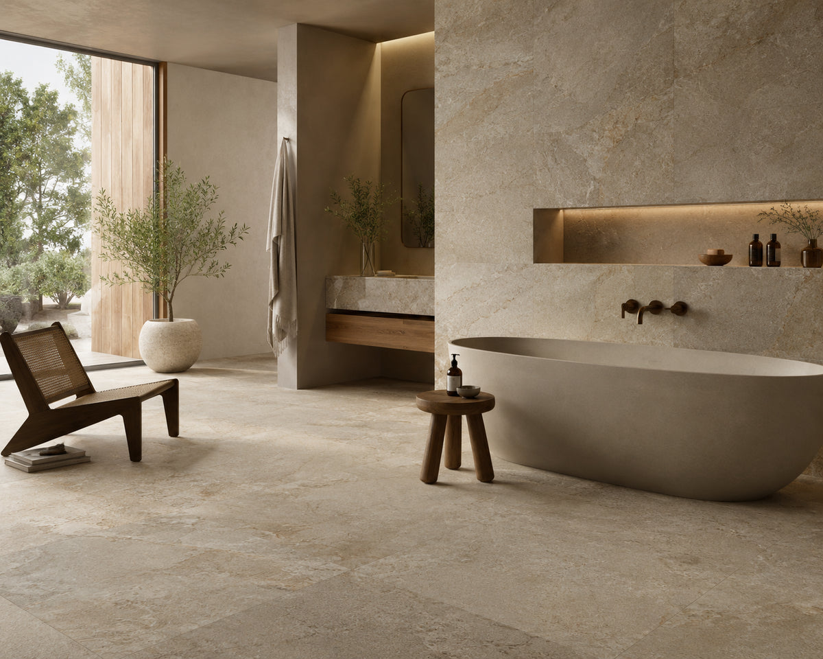 Bagno luminoso con mobile lavabo sospeso, specchio retroilluminato e rivestimenti beige