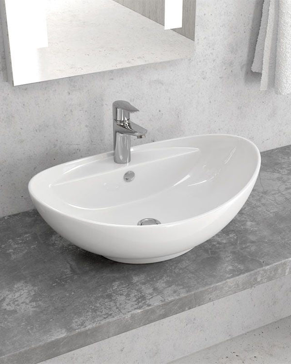 Ciotola 59x39 Da Appoggio con bordo rubinetteria In Porcellana Bianca New Line O3