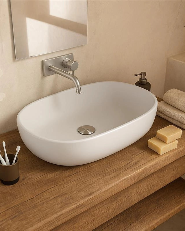 Ciotola 59x41 lavabo in ceramica bianco opaco in naturale ambientato su piano bagno con accessori - Exagonshop