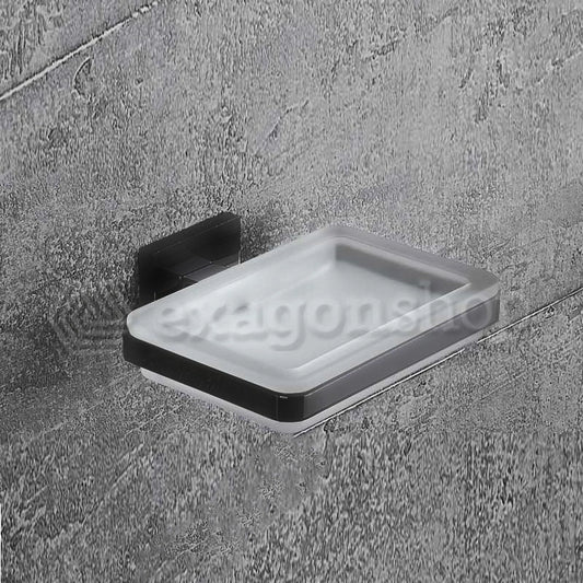 Colombo Basiq Porta Sapone A Parete Nero Opaco Vetro Acidato in naturale montato a parete, vista del design e della...