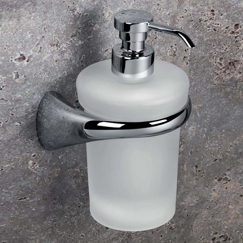 Colombo Link Dispenser a Parete Destro Vetro Acidato cromo in ottone e lucido montato a parete, vista del design e della...