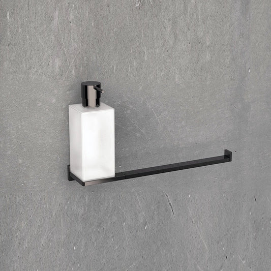 Colombo Look portasciugamani con dispenser nero opaco in vetro acidato e naturale montato a parete, vista del design e...