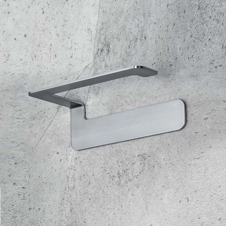 Colombo Over Porta Rotolo adesivo reversibile in acciaio Inox Satinato montato a parete, vista del design e della...